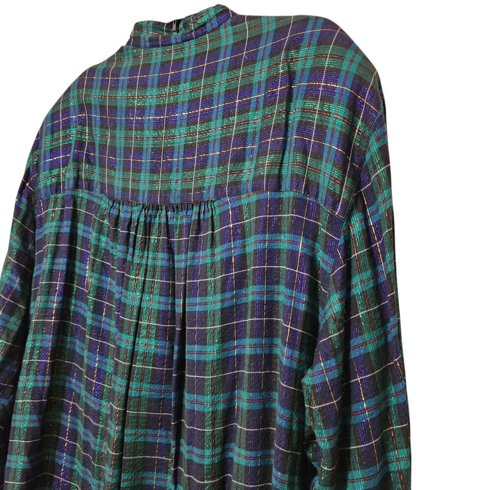 Victoria Jones Tunic Top Size 1X Green Metallic Front Buttons Plaid - Picture 8 of 15